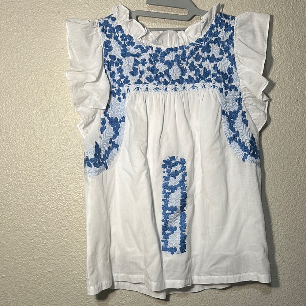 J. Marie Embroidered Peasant Top Blouse S Blue White Ruffle Lined